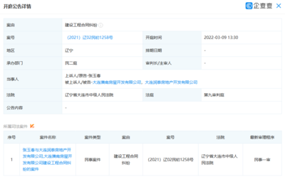 大连润泰房地产开发新增开庭公告 案由系建设工程合同纠