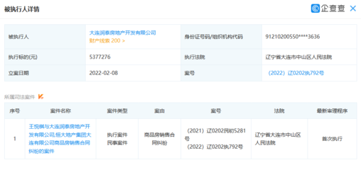 大连润泰房地产开发成被执行人 执行标的超537万元