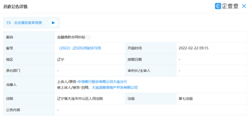 大连润泰房地产开发新增开庭公告 案由系金融借款合同纠纷